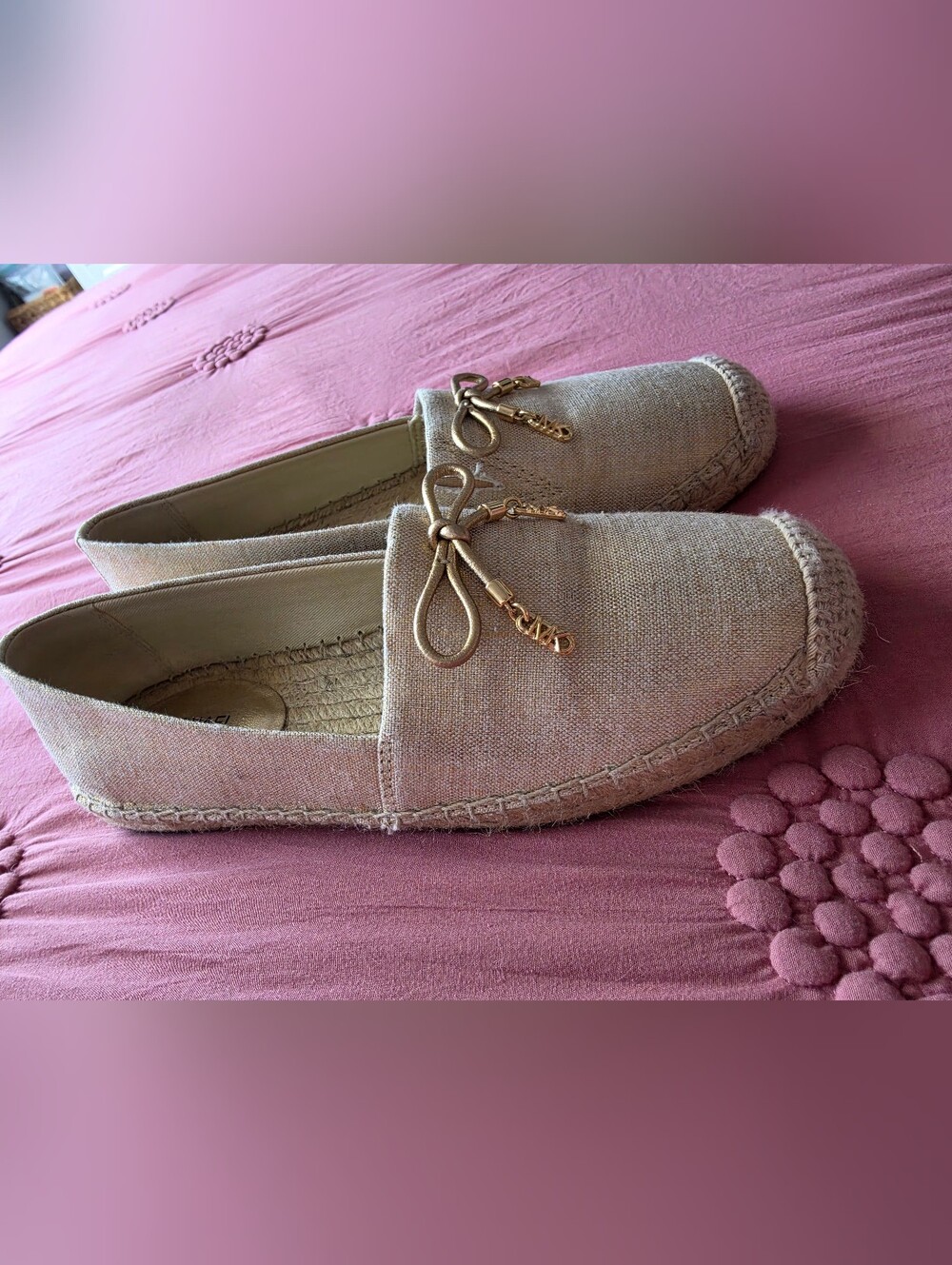 Michael Kors Natural Linen Espadrille Flats with Gold-Tone Bow Accent